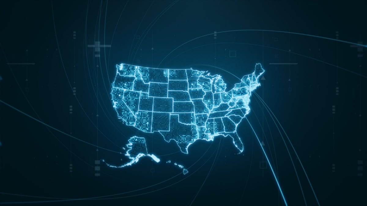 Glowing geographic market map with network lines showing healthcare demand intelligence across the United States